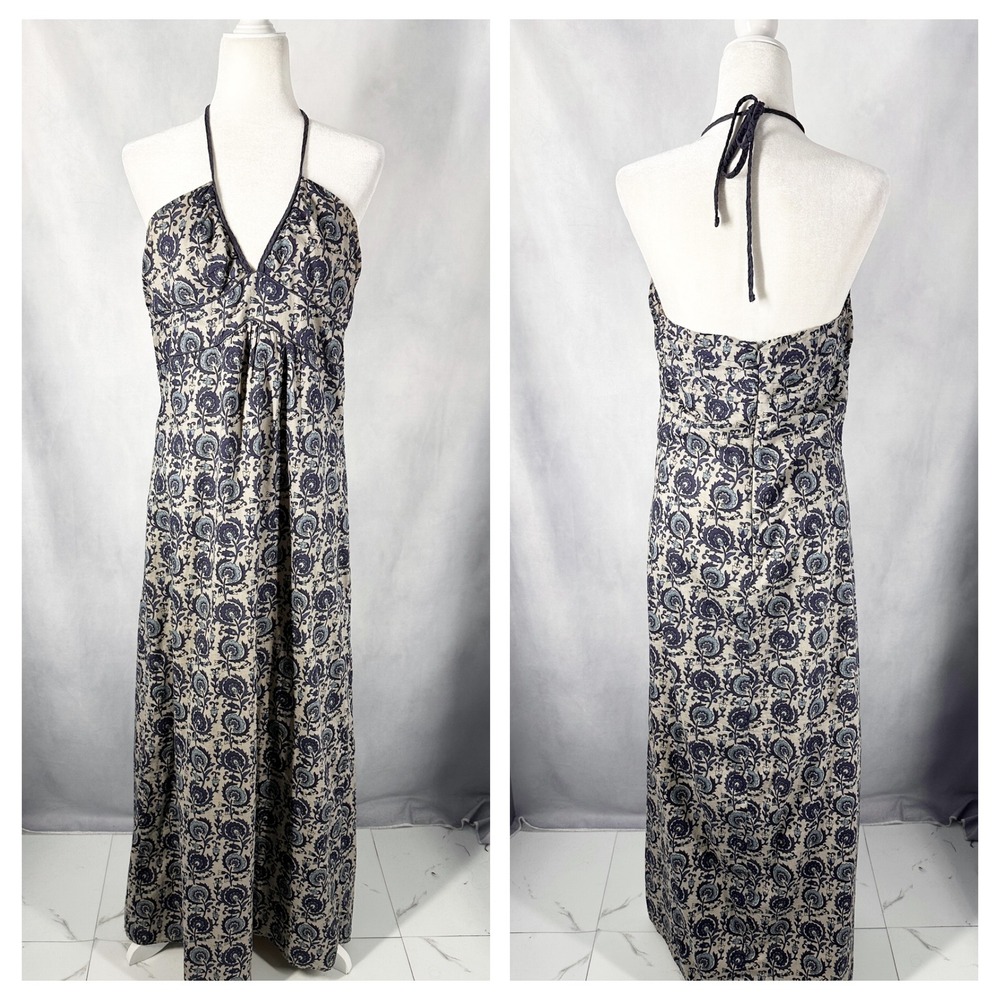 Y2K Mossimo Cotton Halter Floral Blue Column Maxi Dress Women's Size Large